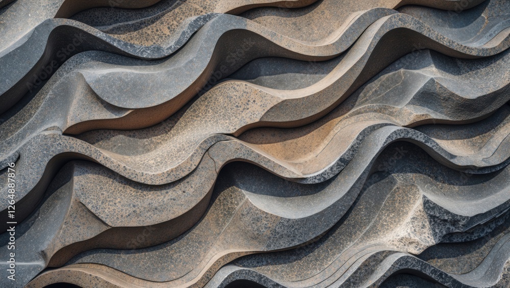 Poster Abstract textured wall surface with wavy patterns and varying shades of gray and brown, ideal for backgrounds or design elements. Copy Space