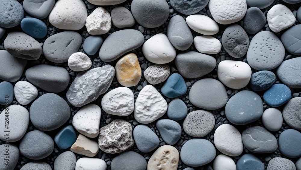 Poster colorful assortment of smooth pebbles and stones in various shades of gray white and blue arranged i