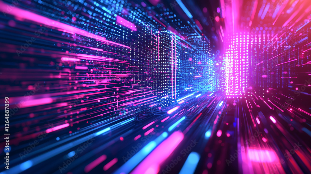 Poster abstract image depicting a digital data stream flowing through a futuristic cyber tunnel. glowing ne