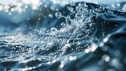 Close-up of water splash with bubbles on the surface in natural light creating a dynamic and refreshing image with Copy Space