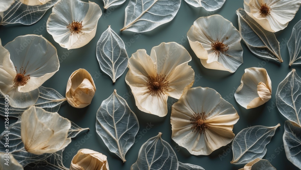 Poster Dried botanical composition featuring cream-colored flowers and leaves on a textured background with ample copy space