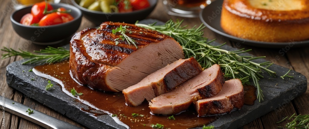 Poster grilled sliced meat on slate board with herbs surrounded by sides and drinks on wooden table copy sp