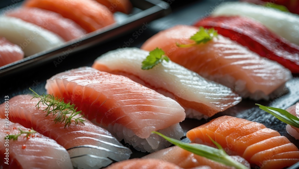 Poster assorted sushi slices with various fish toppings arranged elegantly on a dark plate with garnishes a