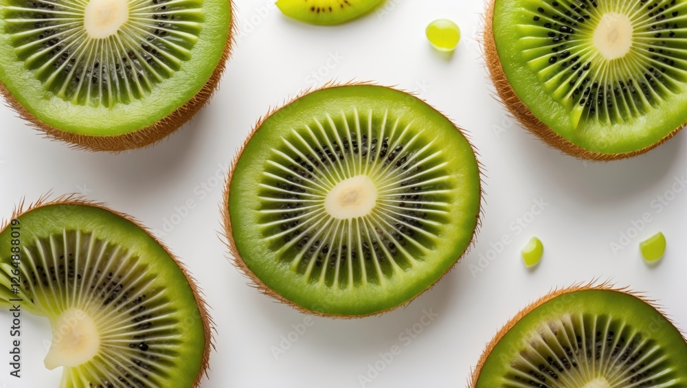 Poster Freshly sliced kiwi fruit arranged on a white background with small pieces scattered, showing the vibrant green color and texture. Copy Space