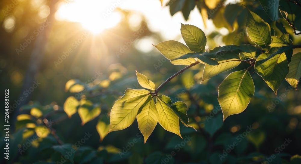 Poster Sunlit green leaves on tree branches with soft bokeh background and sun rays illuminating the scene Copy Space