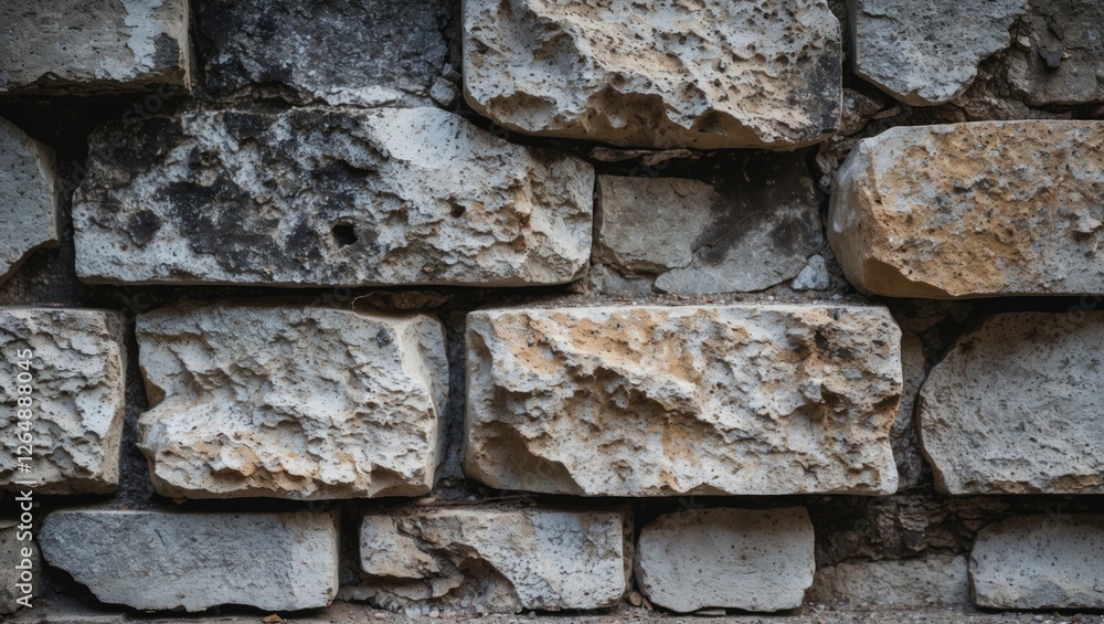 Poster Textured stone wall background with rough surfaces in various shades of gray and beige suitable for architectural or design use Copy Space