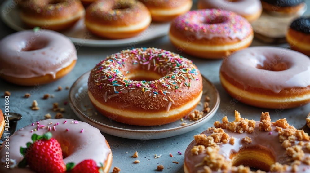Poster assorted colorful donuts on a blue surface with fresh strawberries and sprinkles showcasing variety 