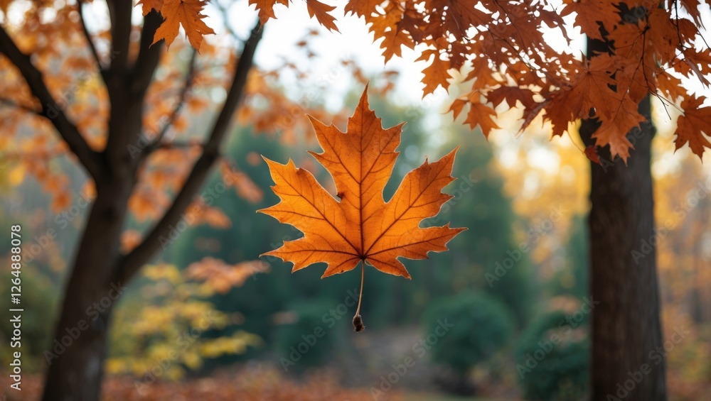 Poster autumnal close-up of a single vibrant orange maple leaf hanging in a tree with blurred foliage backg