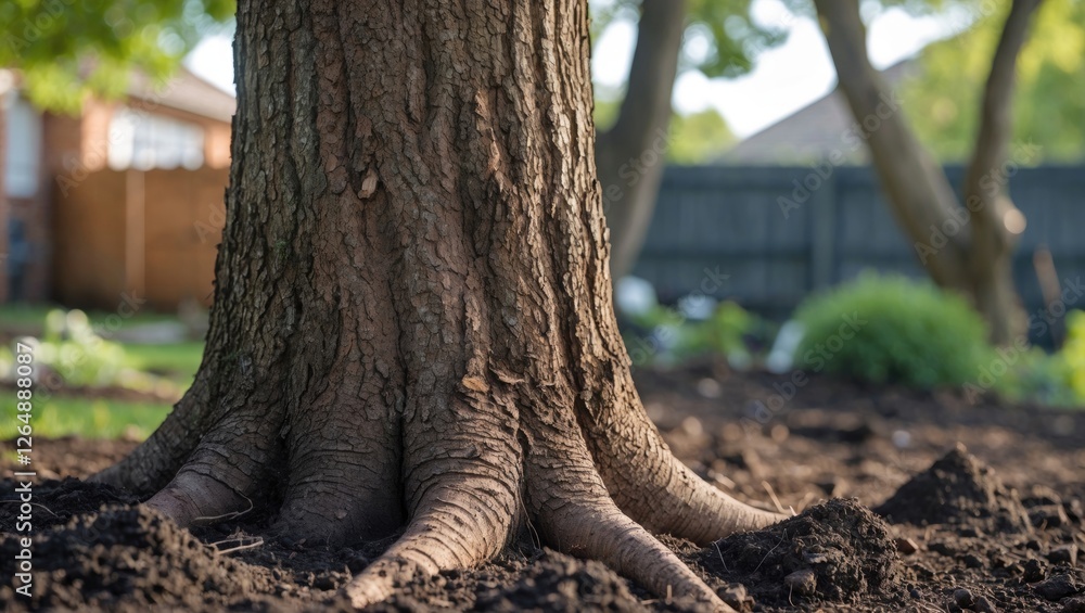 Poster tree trunk with exposed roots in garden soil with blurred background of residential backyard and gre