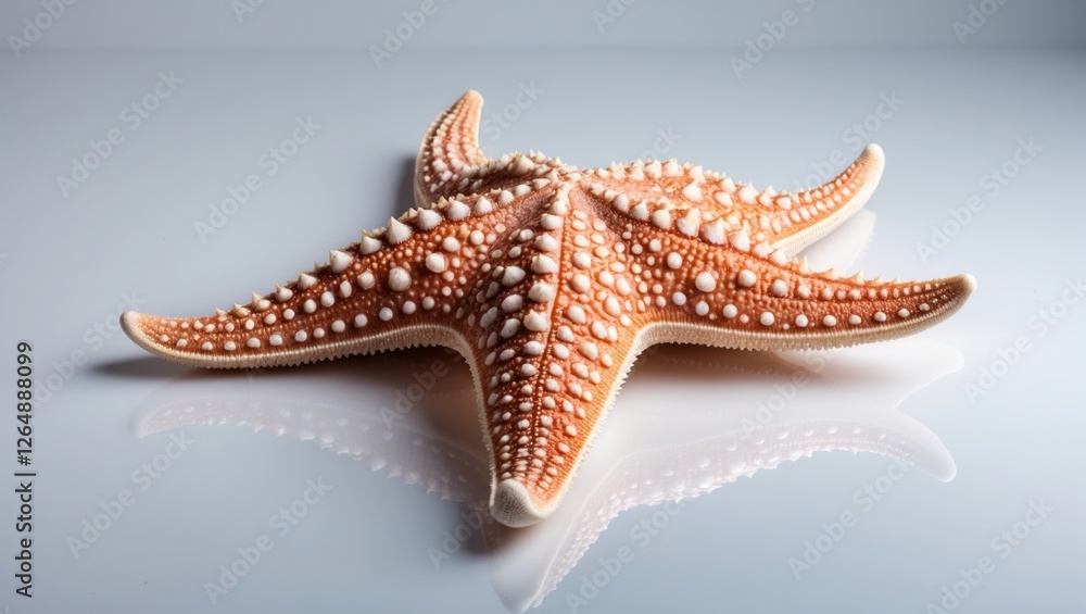 Poster starfish with detailed texture and vibrant colors on a reflective surface against a light background