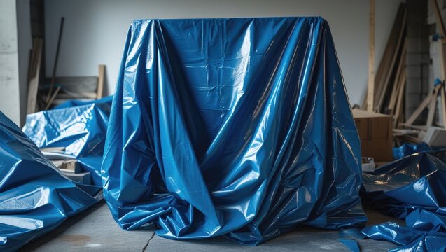 Blue plastic tarps covering furniture in a partially completed interior space with scattered packing materials and tools for renovation. Copy Space