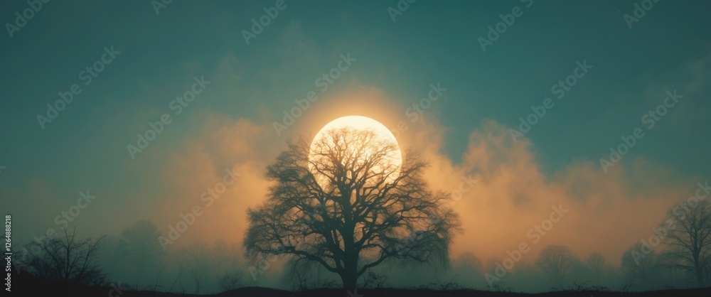 Poster silhouetted tree against a large sun setting through fog in a tranquil landscape with muted colors a