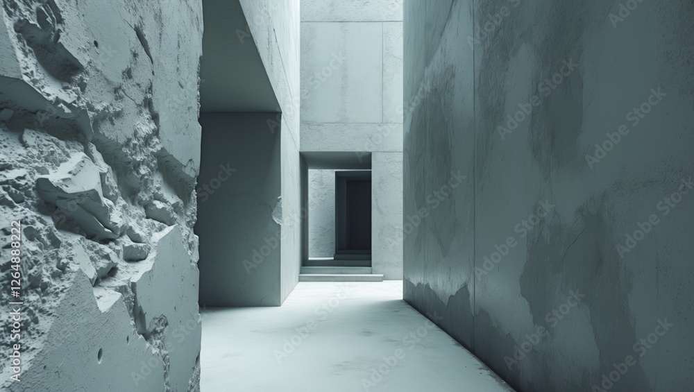 Poster modern minimalist corridor with textured concrete walls and soft lighting, emphasizing architectural