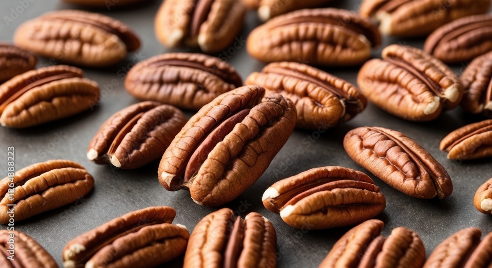 Poster pecan nuts spread on a dark surface showcasing their texture and detail with natural lighting and co