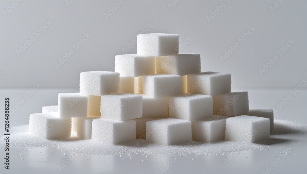 Poster pyramid of white sugar cubes on a flat surface with granulated sugar scattered around copy space