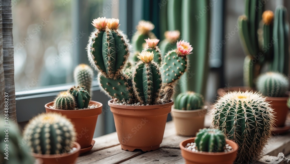 Poster cacti in terracotta pots arranged on a wooden table with natural light from a window creating a bota