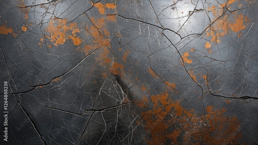 Poster Dark cracked surface with rust spots and textured detail suitable for backgrounds or artistic designs. Copy Space available.