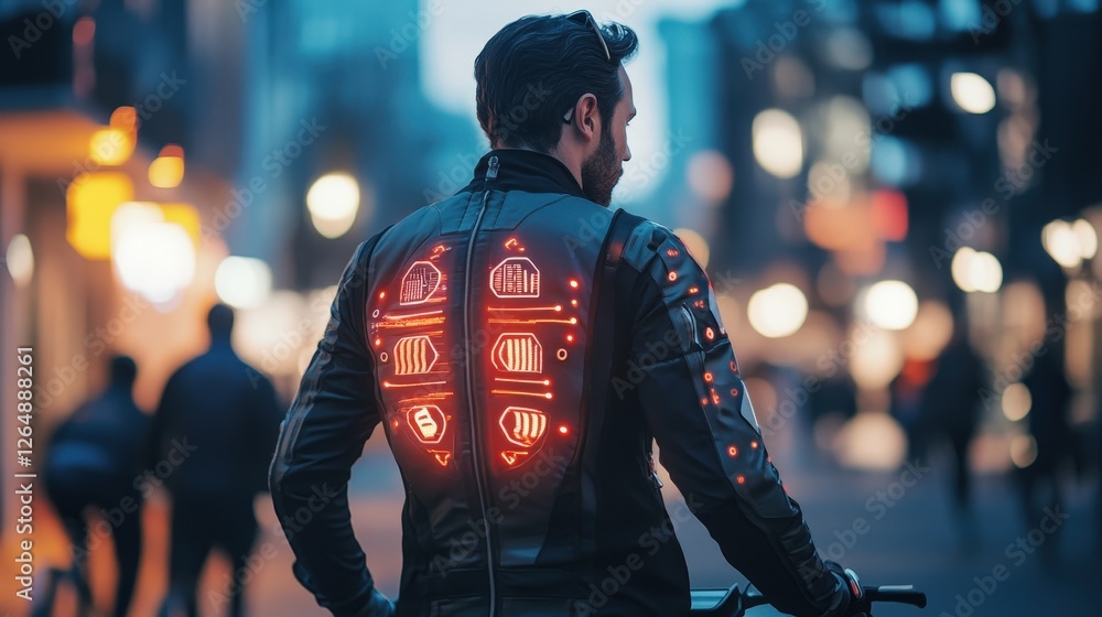 Poster man wearing a smart jacket with built-in fitness tracking sensors that monitor his movements and pos