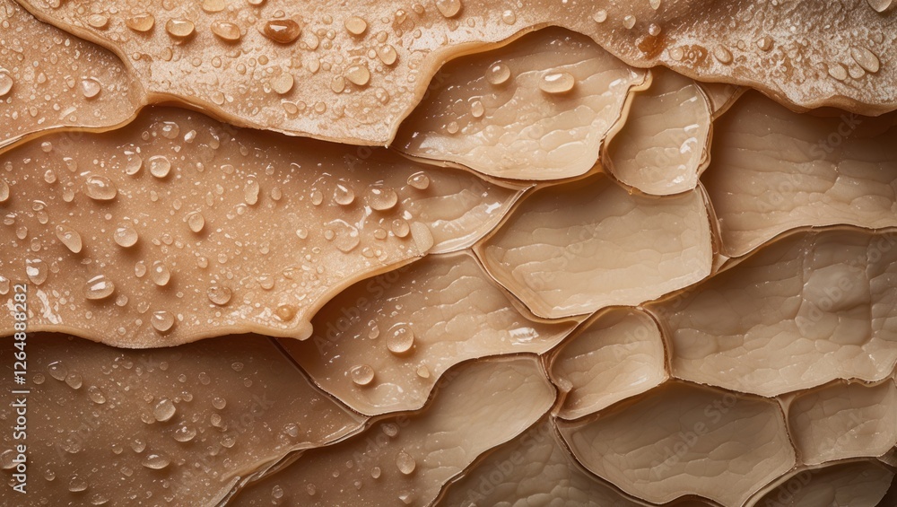 Poster close-up of textured layers with water droplets on a beige surface, demonstrating natural patterns a