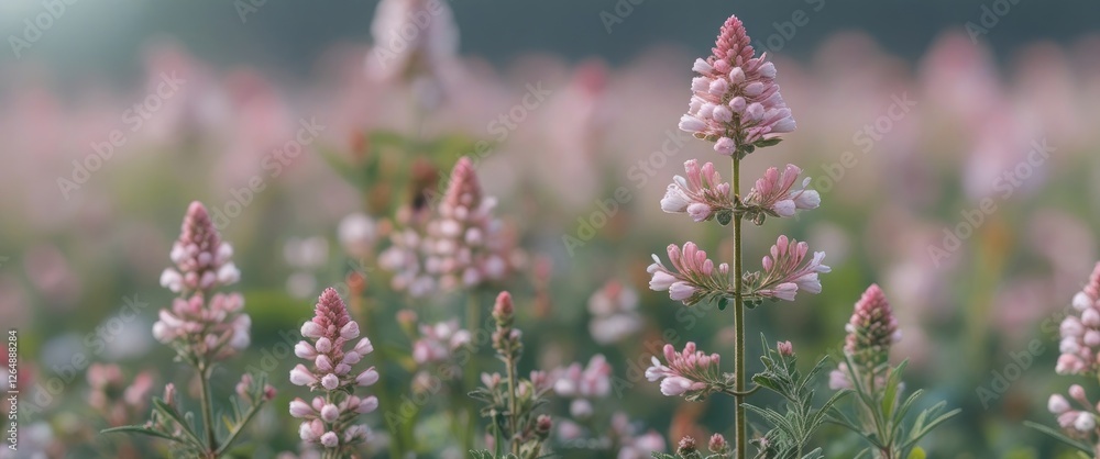 Poster pink flowering plants in a field with shallow depth of field and blurred background giving a dreamy 