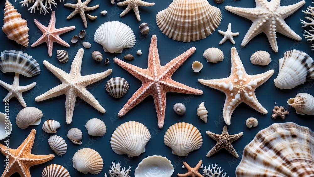Poster variety of colorful seashells and starfish arranged on dark background with copy space for text
