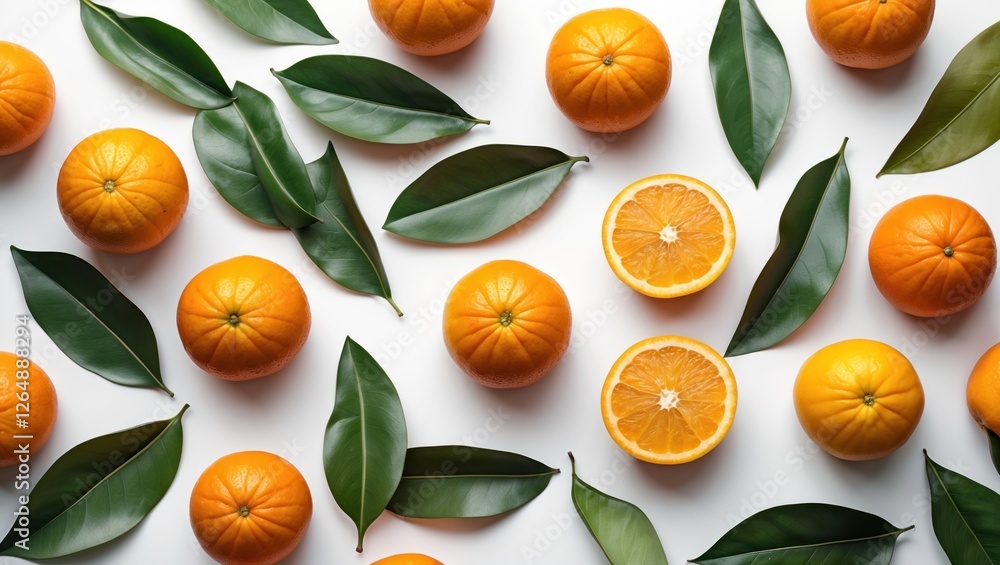 Poster Fresh oranges and green leaves arranged on a white background with half oranges showcasing vibrant color and texture Copy Space