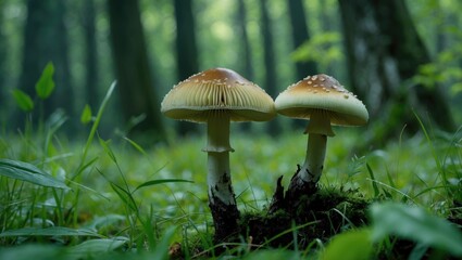 Fototapeta premium Mushrooms growing in a lush green forest with soft focus on trees in the background and available copy space for text