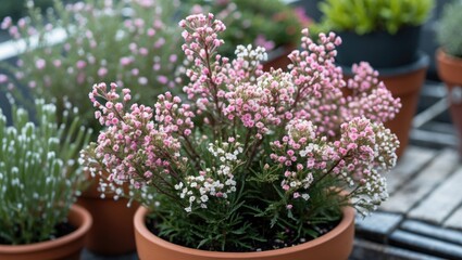 Fototapeta premium Pink and white flowering plants in terracotta pots on garden table with blurred green background Copy Space
