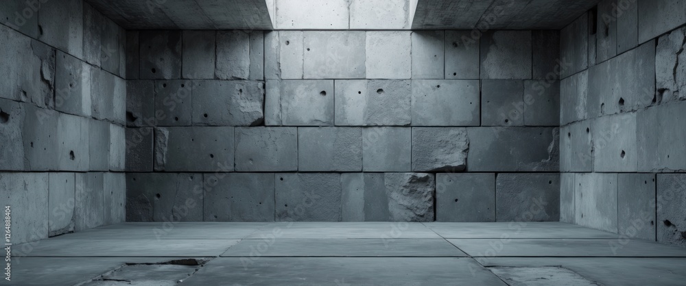 Poster empty concrete room with textured walls and natural light streaming in through opening copy space