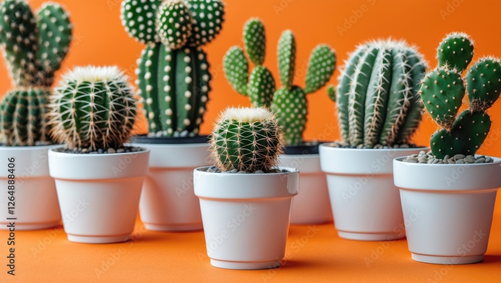 Aufkleber various cacti in white pots against an orange background with ample copy space for text placement