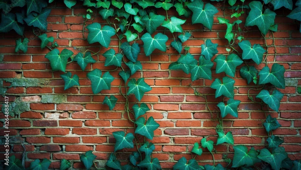 Poster Ivy climbing on textured red brick wall creating a natural green backdrop with some copy space for text placement