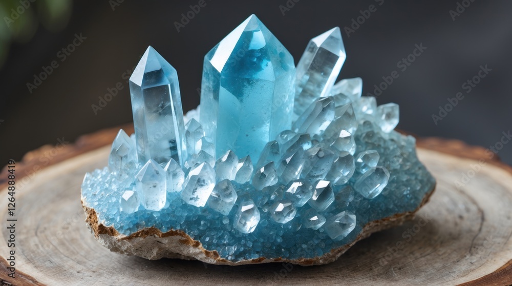 Poster blue crystal cluster with multiple sharp points and smaller crystals on a natural wooden base displa
