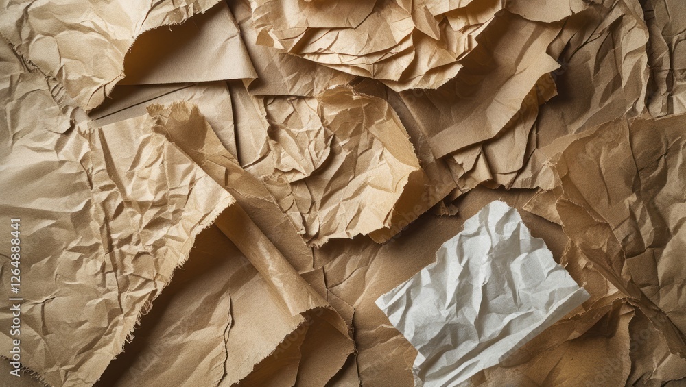 Aufkleber crumbled paper texture background in various shades of brown with a single shiny white sheet, ideal 