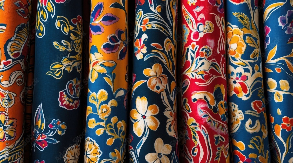 Poster colorful patterned fabrics in vertical arrangement showcasing floral designs and vivid colors with d