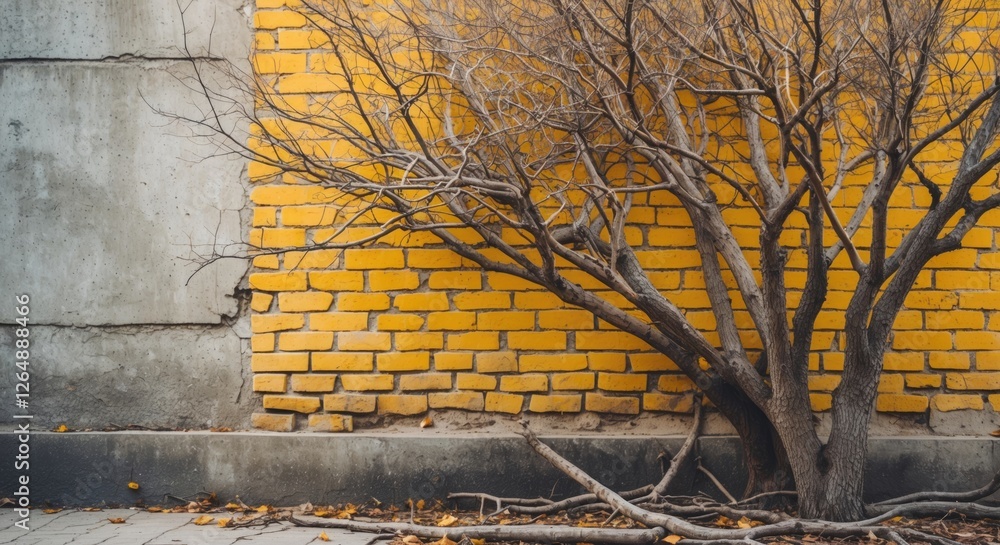 Poster tree with bare branches against a textured yellow brick wall and concrete surface urban scene copy s