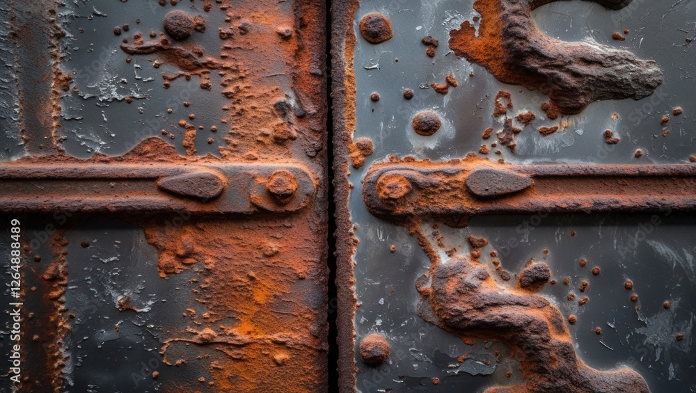 Poster rusty metal door with peeling paint and large patches of corrosion and oxidation textures on black s