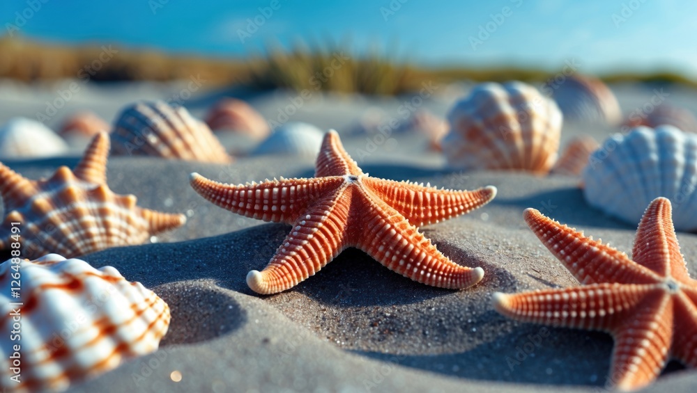 Poster Close-up view of starfish and seashells on sandy beach with ocean background Copy Space