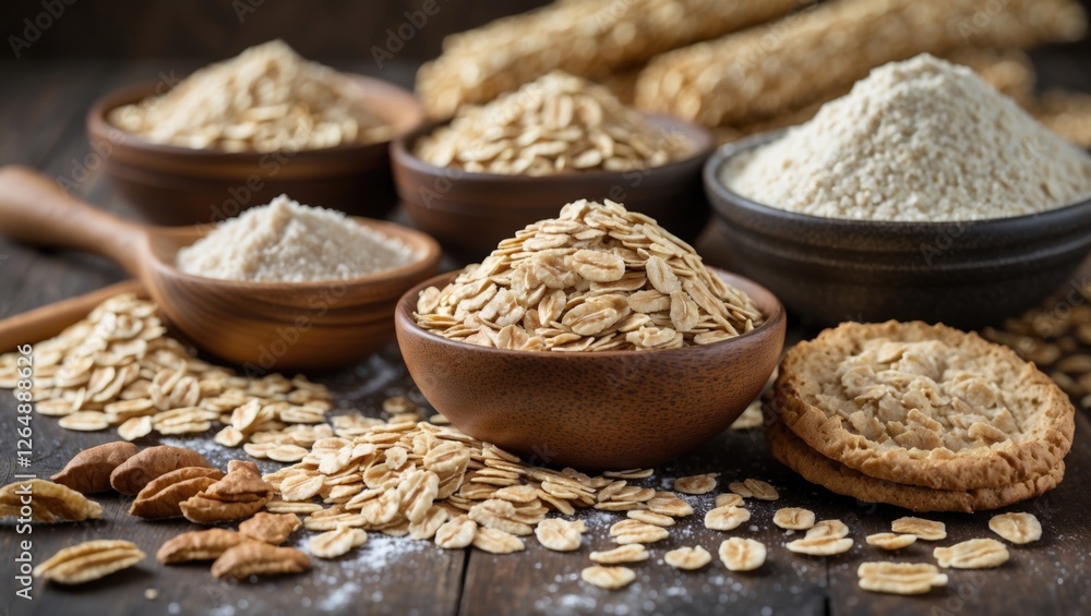Aufkleber variety of grains and oats in wooden bowls with cookies and nuts on rustic wooden table copy space