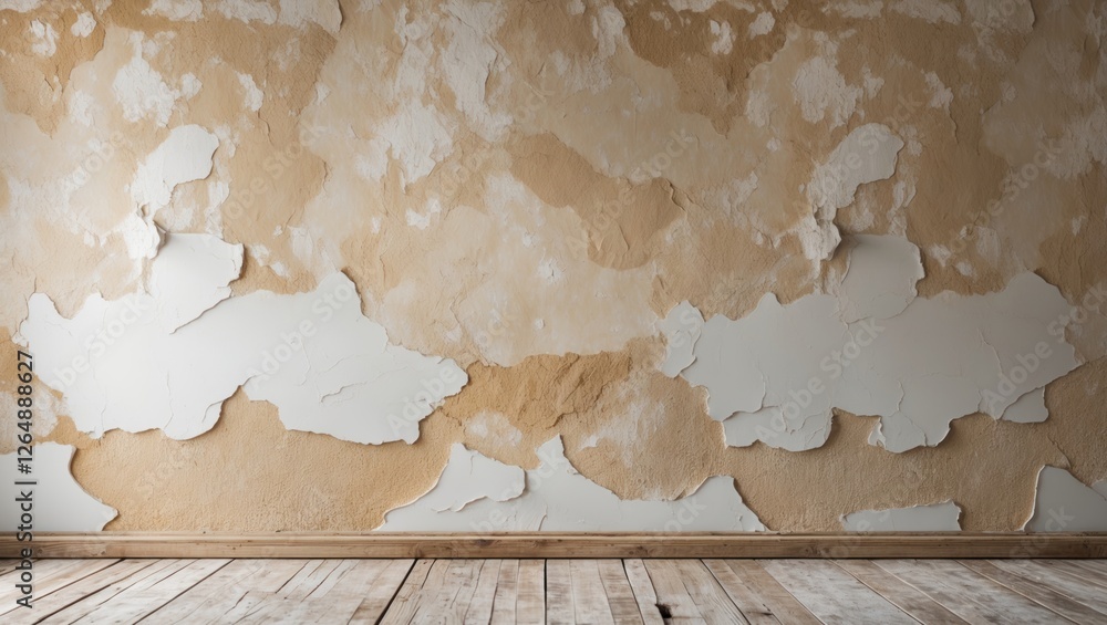 Aufkleber Textured peeling paint wall with wooden floor in empty room ideal for background design and decoration concepts Copy Space