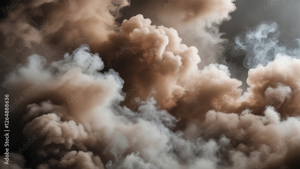 Poster Dense billowing clouds of smoke in shades of brown and gray with soft swirling patterns and textured layers ideal for backgrounds and design. Copy Space.