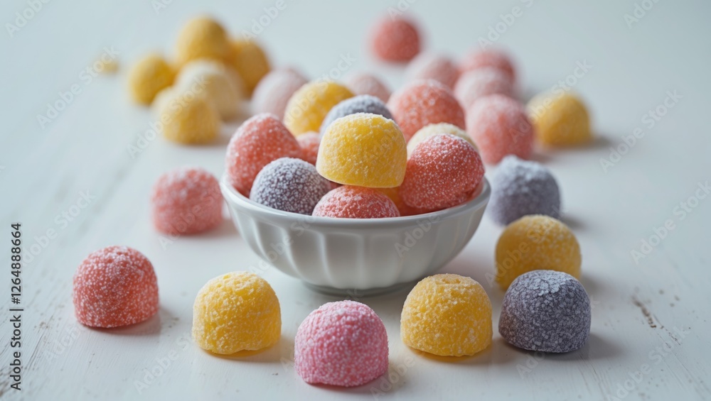 Poster colorful gummy candies arranged around a white bowl on a wooden surface with a light background and 