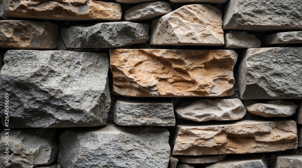 Poster Textured stone wall with various sized gray and beige rocks arranged in a natural pattern. Copy Space available.