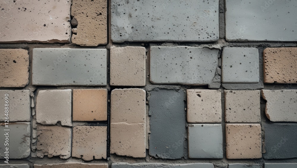 Poster textured wall made of rectangular concrete tiles in various colors with visible wear and damage deta