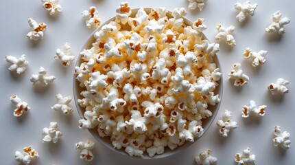 Bowl of freshly popped popcorn surrounded by scattered popcorn kernels on a white surface Copy Space