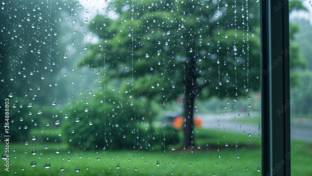 Poster Raindrops on a window pane with green trees and blurred background during a rainy day Copy Space