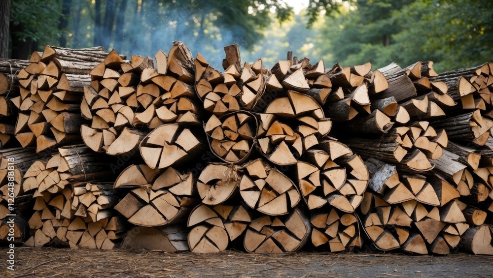 Poster stacked firewood logs in a forested area with varying diameter and texture, soft focus background, n