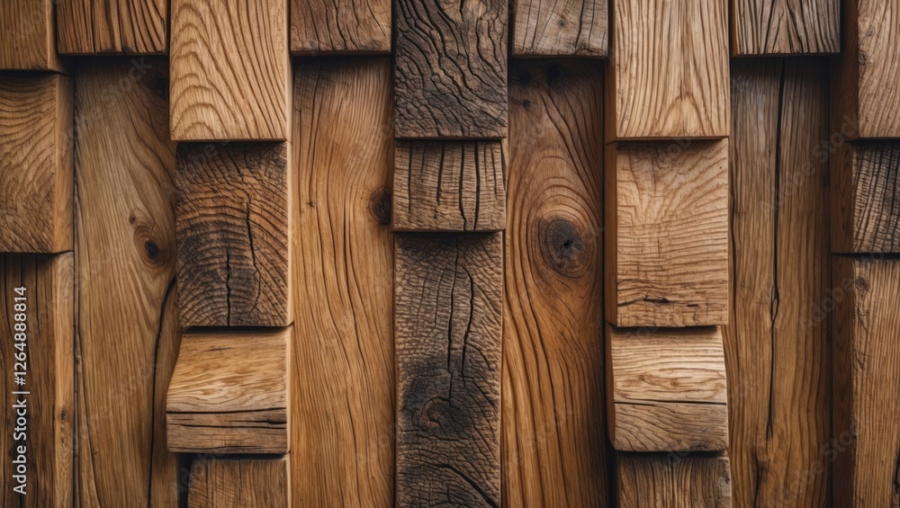 Poster textured wooden wall with varying shades and patterns of natural wood grains and geometric shapes, s