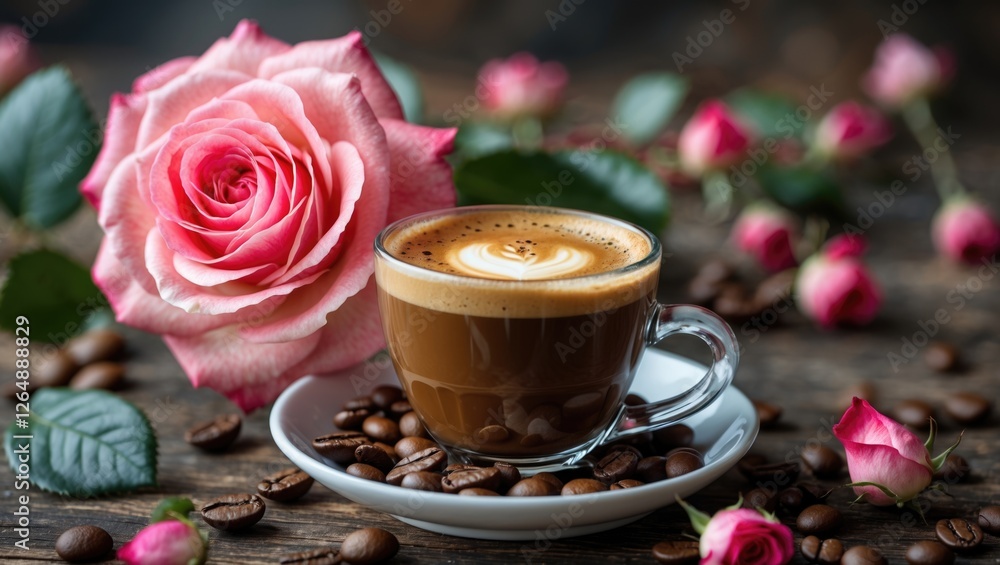 Poster coffee cup with rose flower and coffee beans on wooden table with soft focus background and plenty o