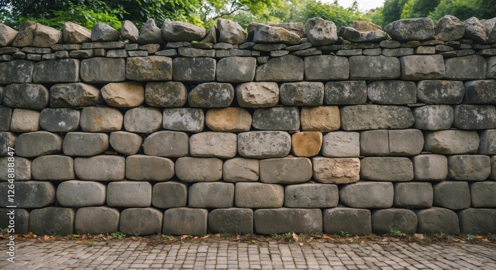 Aufkleber textured stone wall with varied shapes and colors above a cobblestone pathway surrounded by greenery