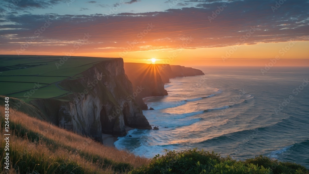Poster sunset over dramatic cliffs with ocean waves and green fields under a colorful sky near a coastline 